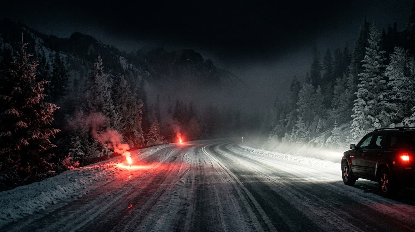 A frost covered two lane mountain road at night lit only by a single set of headlights and red hazard flares, no people or text visible.