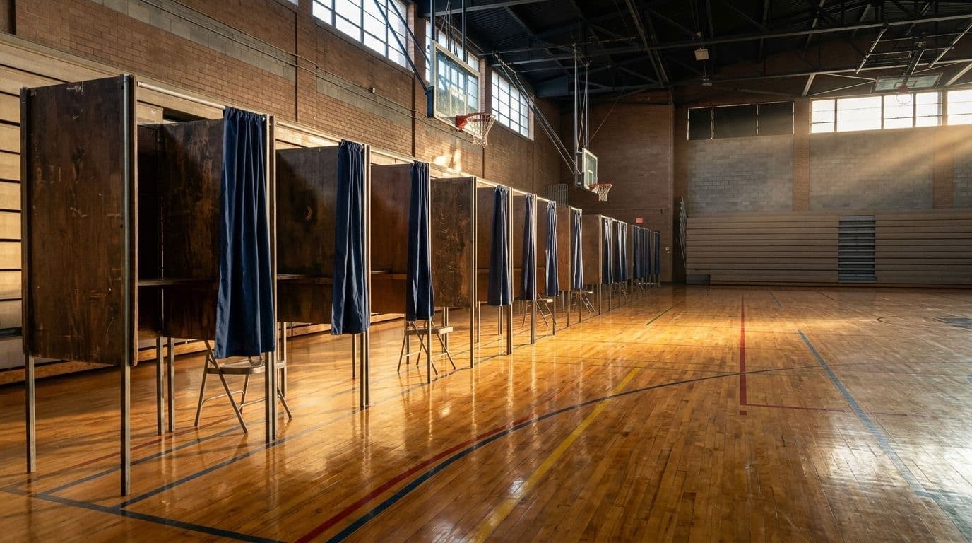 Rows of empty wooden voting booths with blue curtains in a college gymnasium used as a polling place in late afternoon light