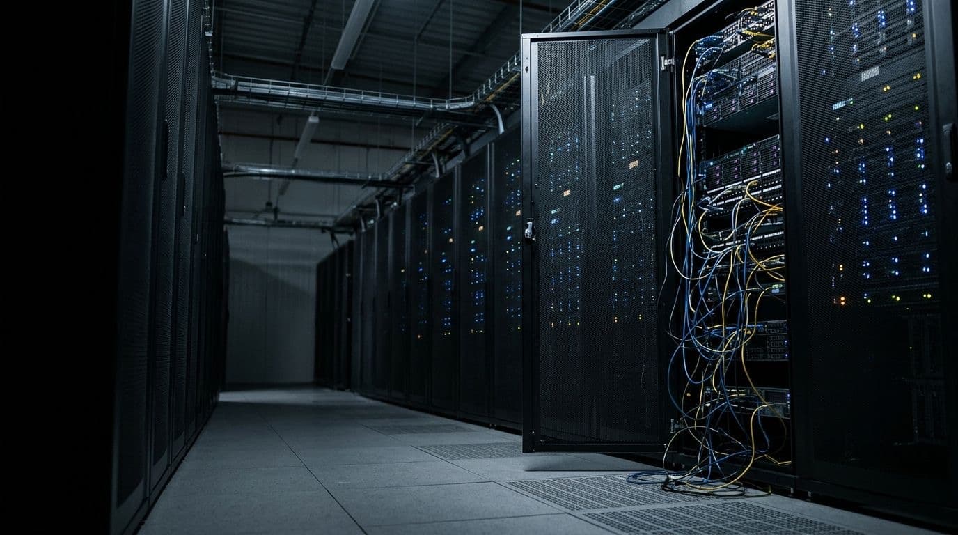 Rows of black server racks in a dim data center aisle with one open rack door and cables spilling out