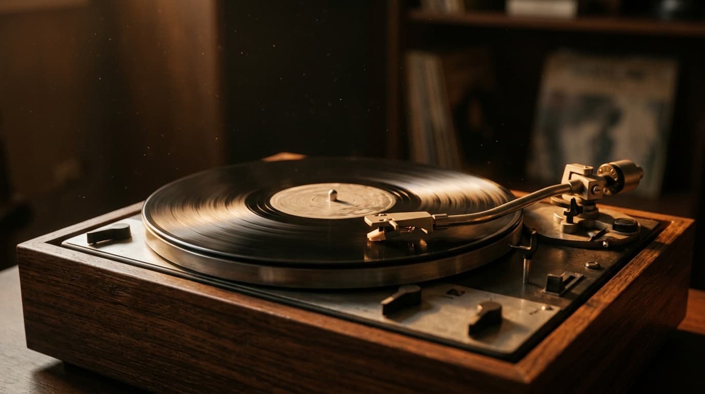 A vintage turntable with a vinyl record spinning in dim amber light, no people, no text.