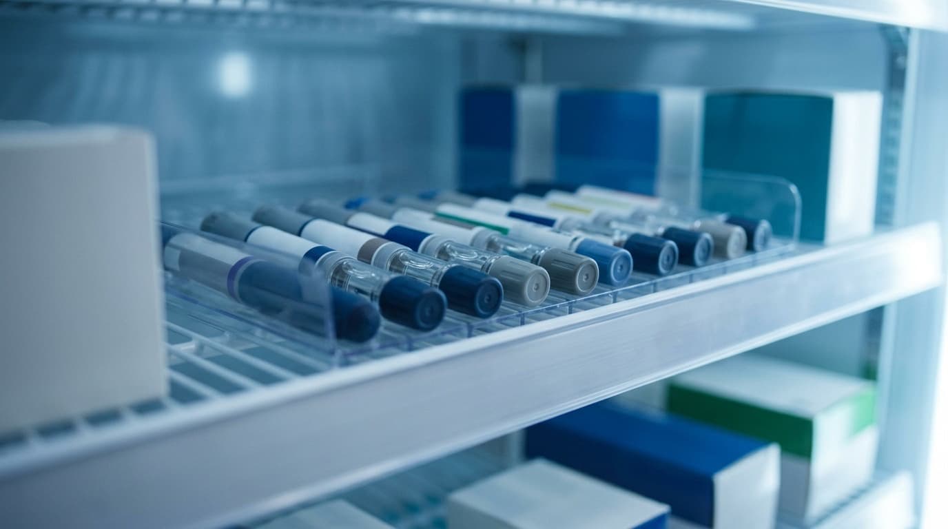 Prefilled injection pens resting on a refrigerated pharmacy shelf in cool blue light, no people.