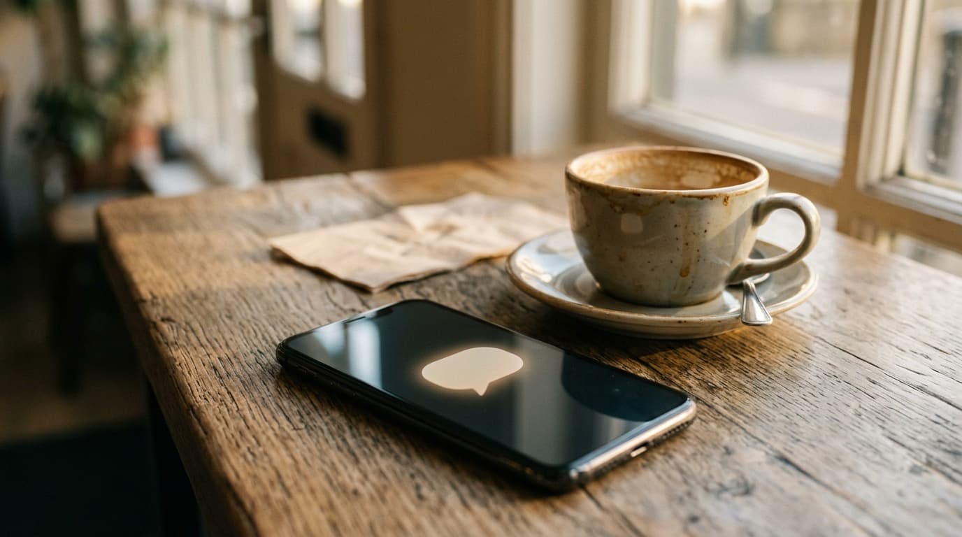 A smartphone lying face up on a worn wooden cafe table with a single blank chat bubble icon on its dark screen, beside an empty coffee cup in warm window light.
