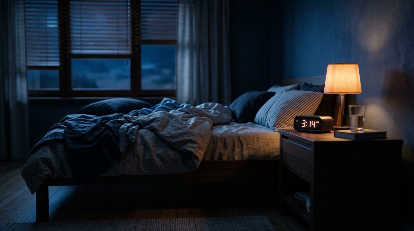A dim bedroom at night with a glowing digital alarm clock reading 2:47 on a nightstand beside an unmade bed, warm lamp light, no people, no text.