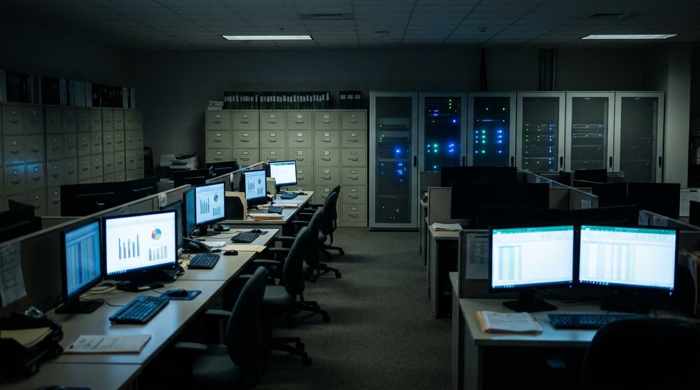 A hospital medical records office with rows of server equipment and stacked patient charts under fluorescent light, no people visible, no text or signage legible.