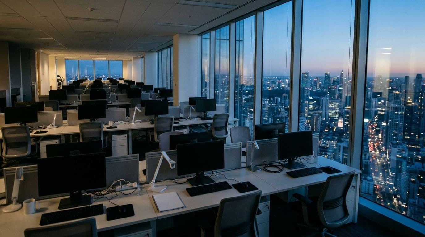 Rows of empty office desks with dark monitors on a high floor overlooking a city skyline at dusk