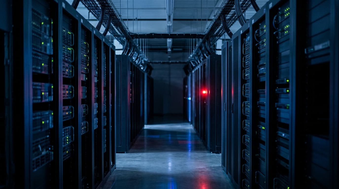 A dim data center corridor with server racks fading into shadow and a single red warning light, no visible people or text.