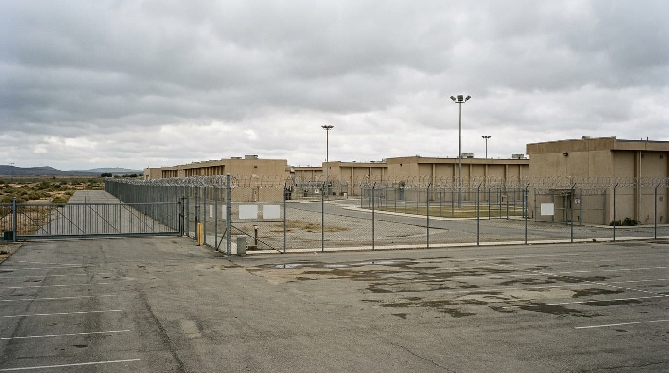 Exterior of a large detention facility behind a chain-link fence under an overcast sky, no people, no text.