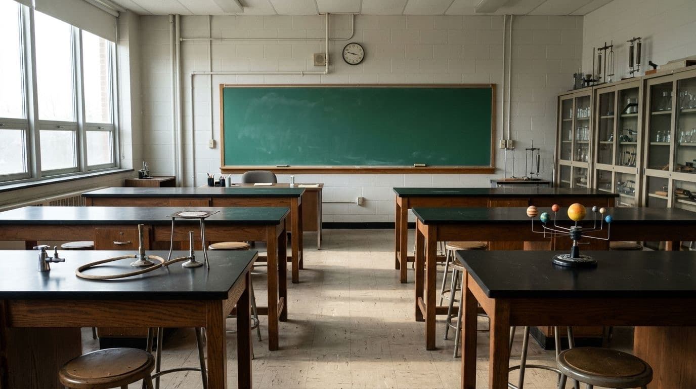 An empty school physics classroom with a blank chalkboard, wooden lab benches and a small solar system model.