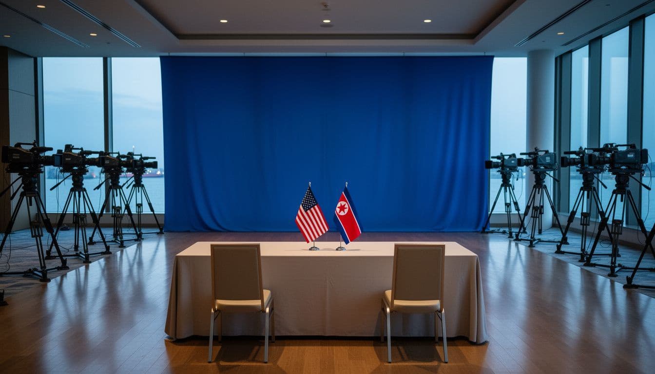 A table with American and North Korean flags in front of a blue backdrop, with television cameras on both sides