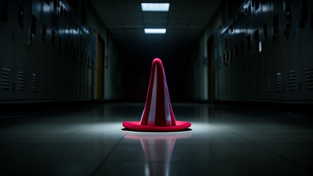 A red and white striped tall hat resting alone on an empty school hallway floor under fluorescent light, no people, no text anywhere.
