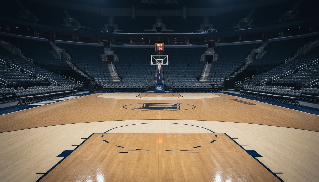 Empty basketball arena with a hardwood court