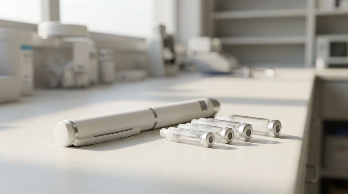 A white injectable pen device beside a row of small white cartridges on a pharmacy counter in soft window light.