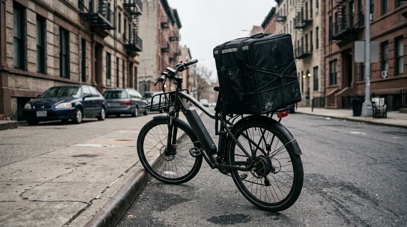 An insulated food delivery courier bag and a bicycle leaning against a curb on a New York City street under overcast daylight, no people, no readable text or logos.