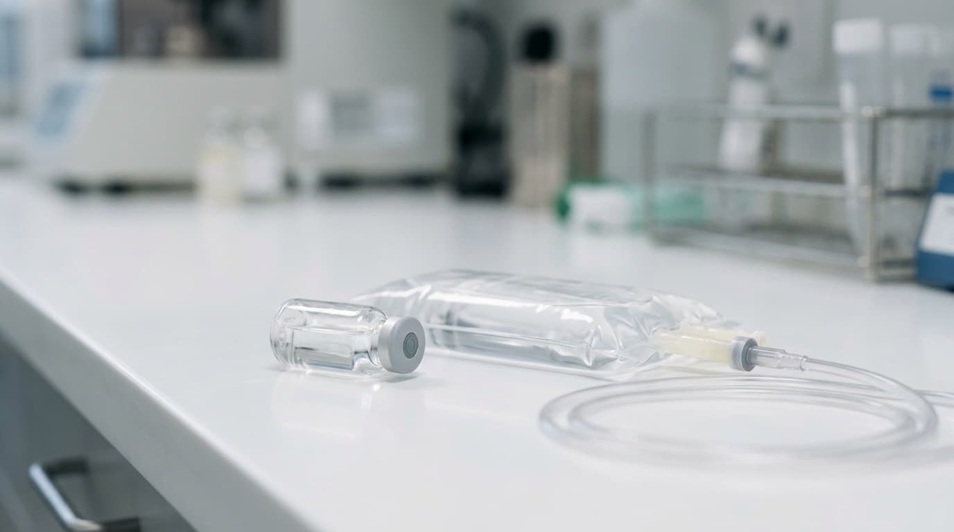 A single glass vial and a slim medical infusion bag resting on a clean white clinical counter under soft lab lighting, no people, no text anywhere.