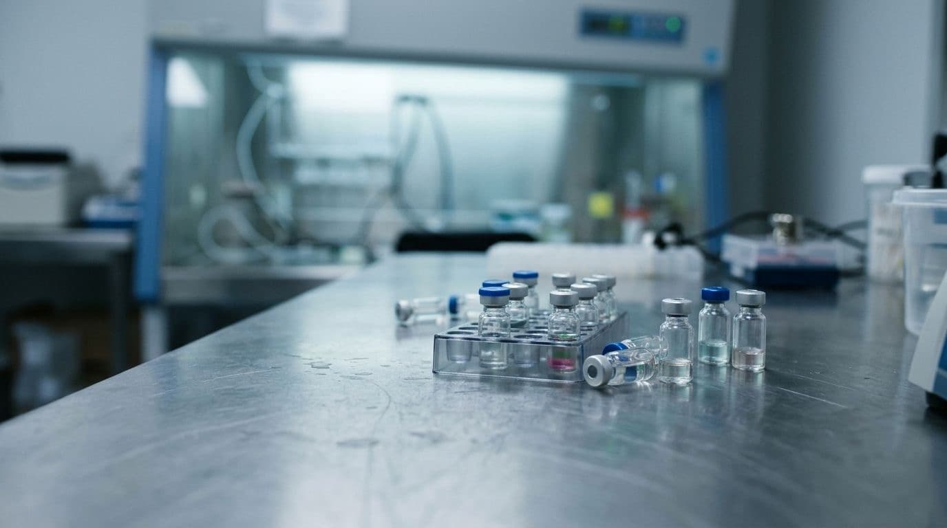 Glass vials and a small tray on a stainless steel laboratory bench under cool clinical light