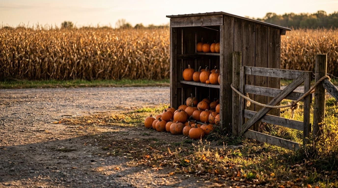 A closed rope-tied farm gate beside a stand of stacked orange pumpkins at golden hour, with an empty gravel lot.