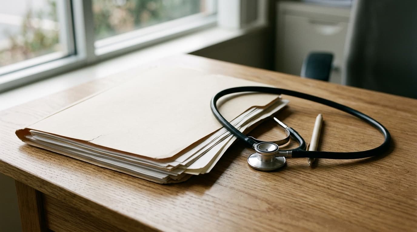 A folder of medical paperwork and a stethoscope on a wooden desk in soft window light, no people, no text.