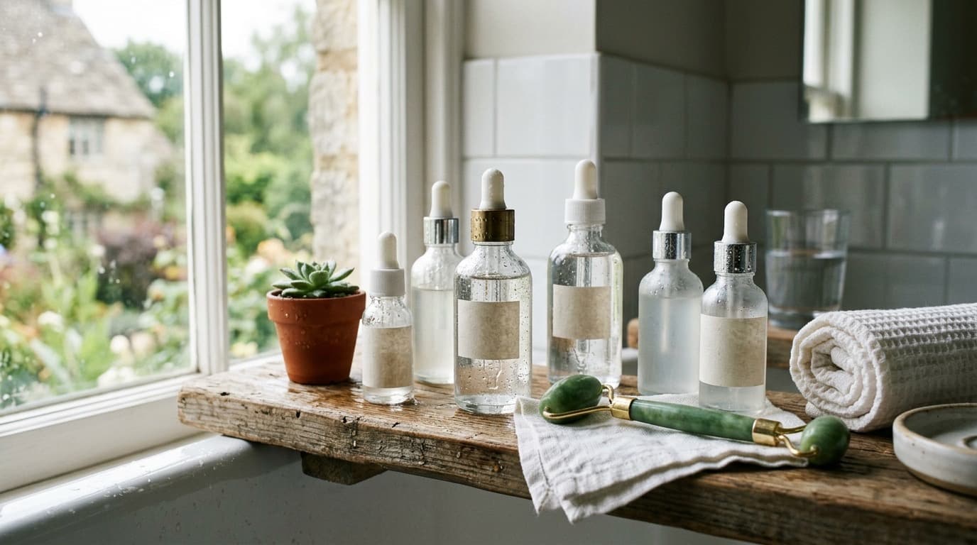 Clear glass skincare serum bottles and a jade roller arranged on a bathroom shelf in soft morning light, no people, no text.