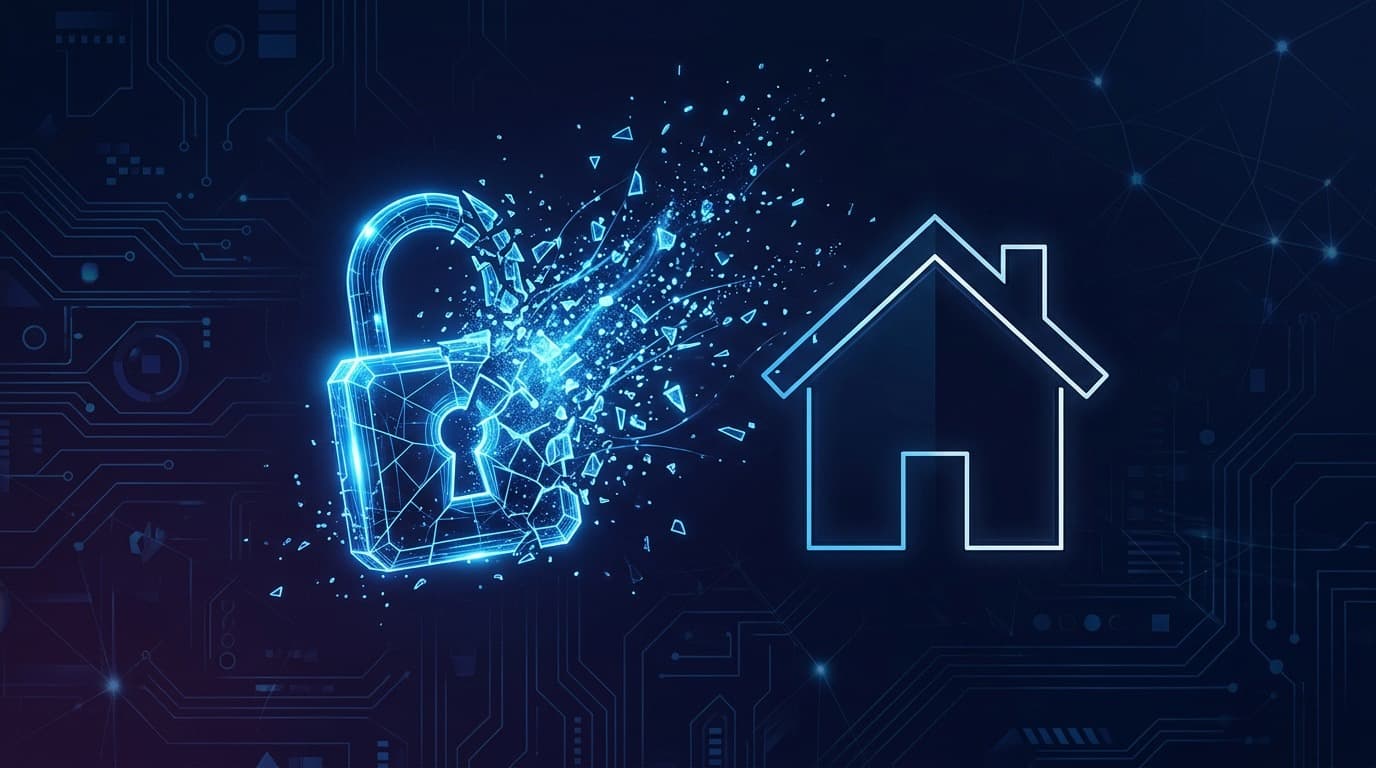 A glowing digital padlock breaking apart beside an abstract outline of a house, set against a dark blue circuit-pattern background, editorial tech illustration style, no people.