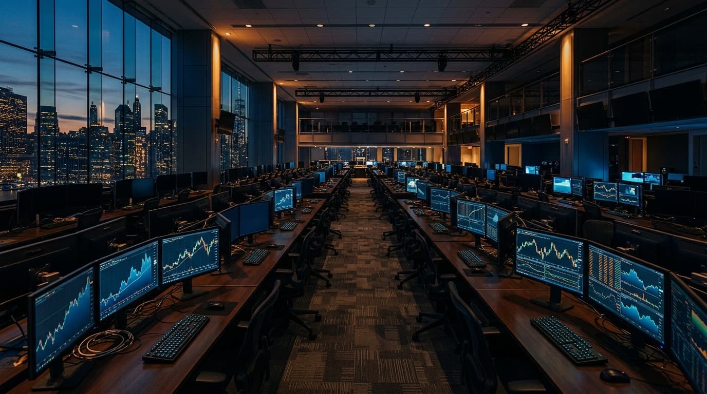 An empty bond trading floor at dusk with rows of darkened monitors showing line charts, no people, no text visible on any screen.