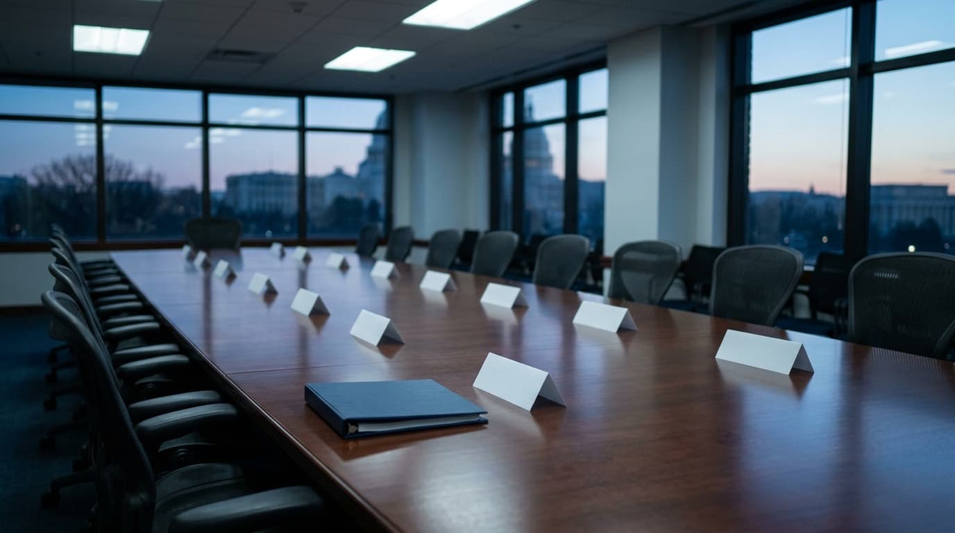 An empty federal conference room with a long table, a single closed binder, and blank name placards under fluorescent light, no people, no text.