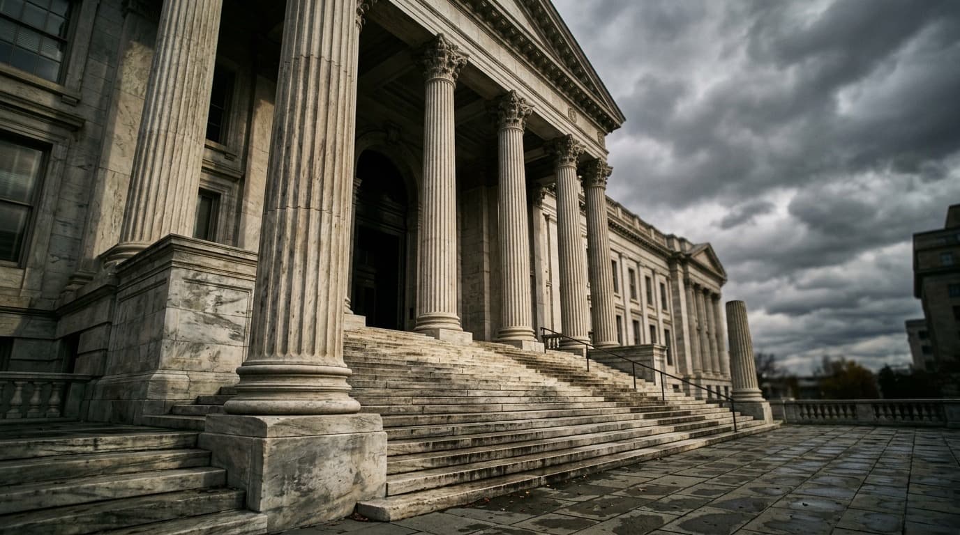 Grand marble courthouse columns and front steps in dramatic late-afternoon light under an overcast sky