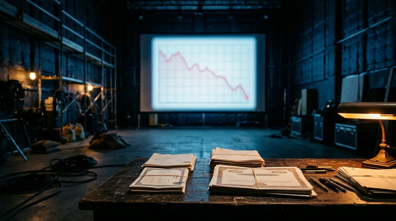 A dim film studio soundstage at night with neat stacks of financial bond certificates and paperwork on a wooden table in the foreground, a large blurred screen in the background glowing with a faint red declining line chart, no people visible anywhere, no text anywhere.