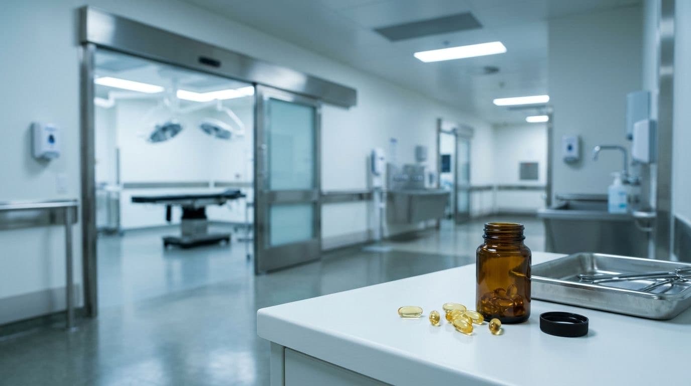 A hospital surgical corridor with an instrument tray and a bottle of golden omega-3 capsules on a white counter.