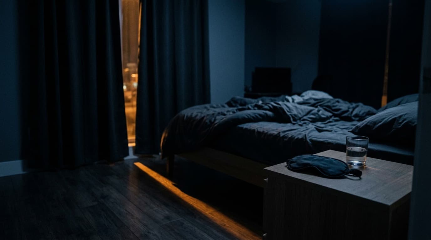 A dim bedroom at night with blackout curtains partly drawn and a sliver of streetlight at the window edge, no people, no text.