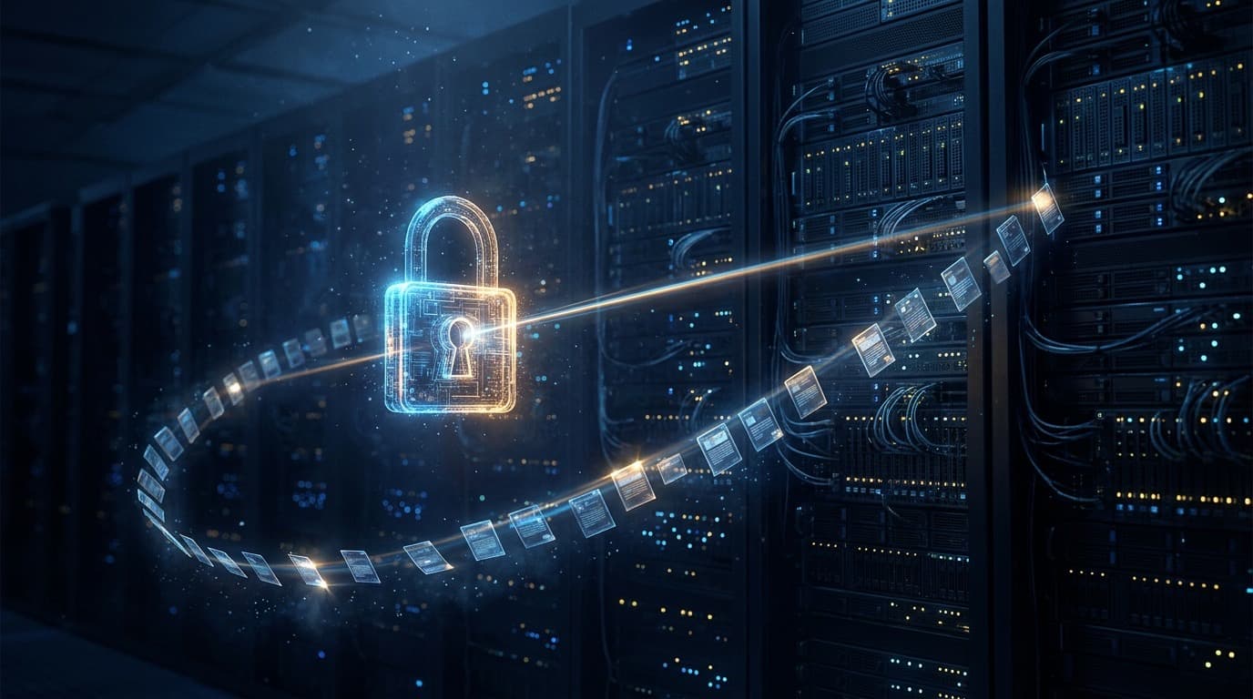 A glowing padlock icon floating above dark server racks with a thin scanning beam of light, no people.