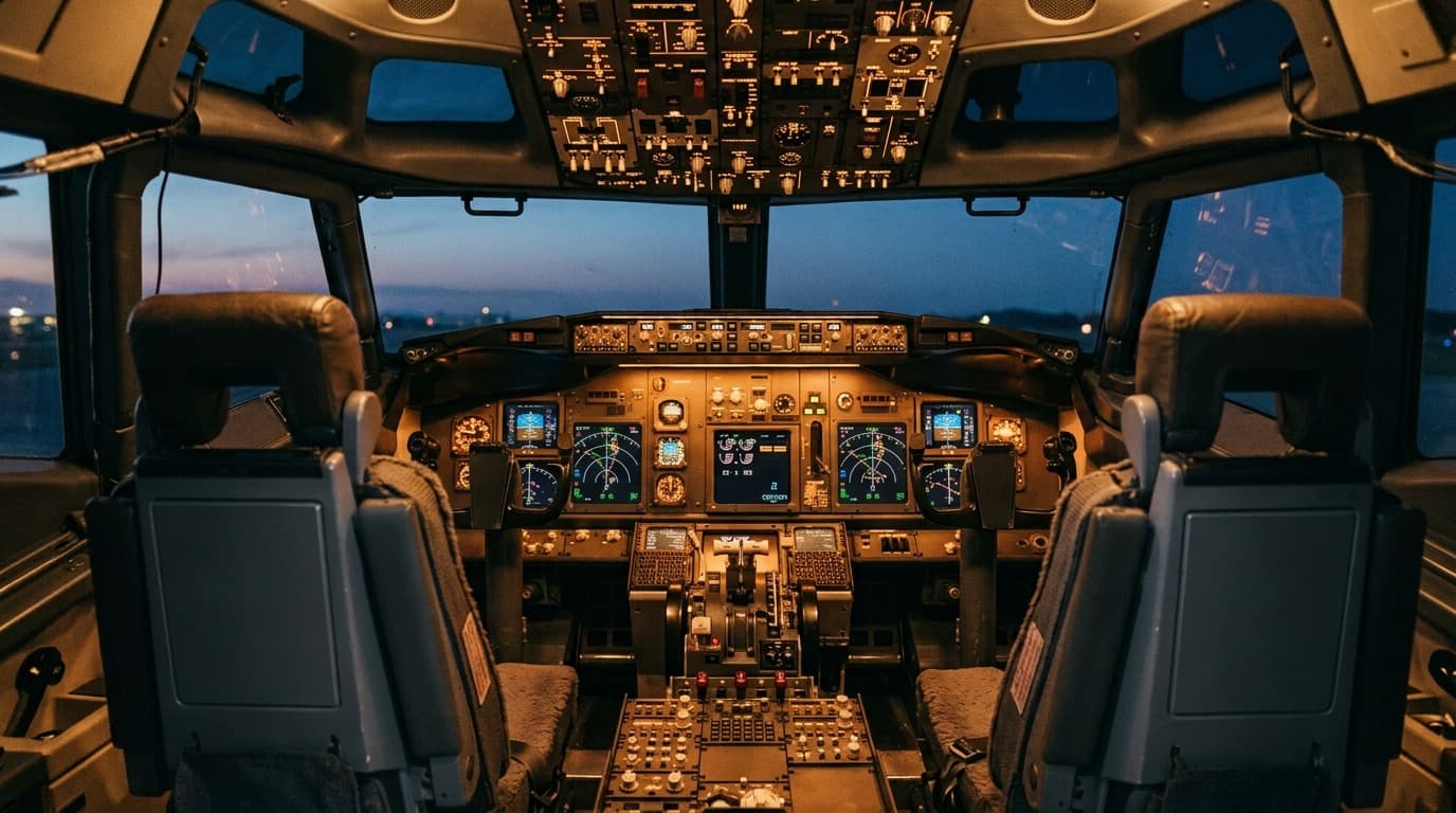 An empty airline cockpit instrument panel at dusk, seen from behind the pilot seats, no people visible.