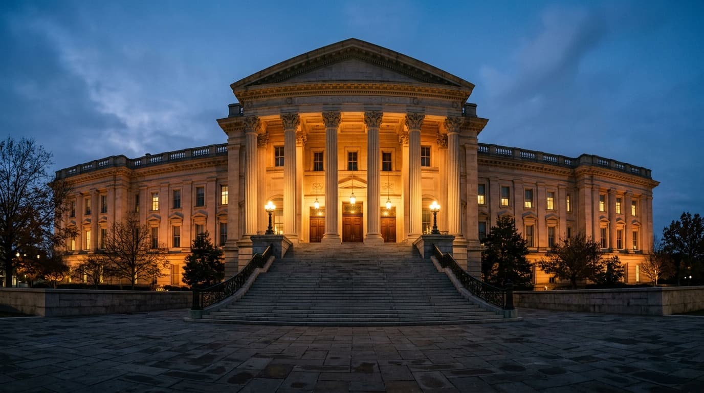A stylized illustration of the Federal Reserve building facade at dusk in muted green and gray tones, no people, no text.