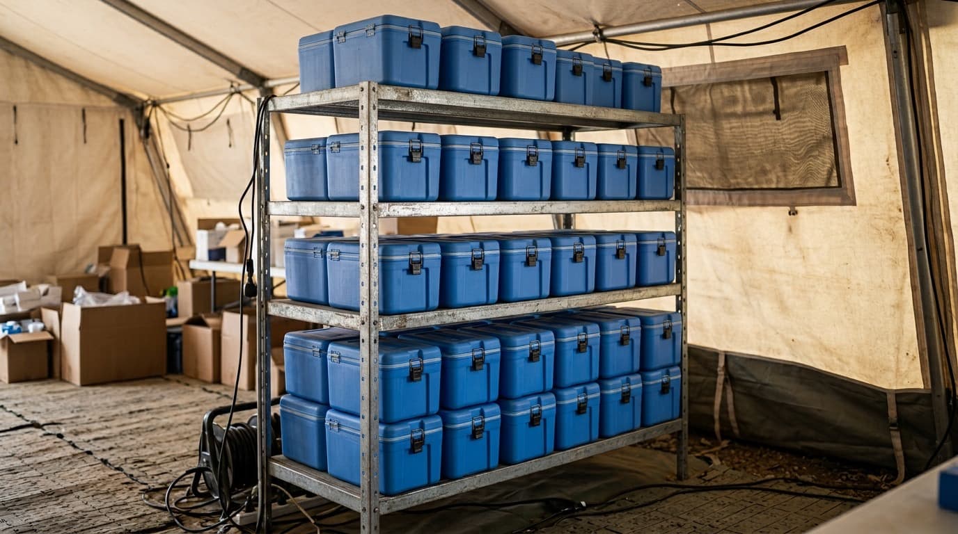 Rows of blue cold-chain vaccine cooler boxes stacked on a metal shelf inside a field clinic storage tent, no people, no visible text.
