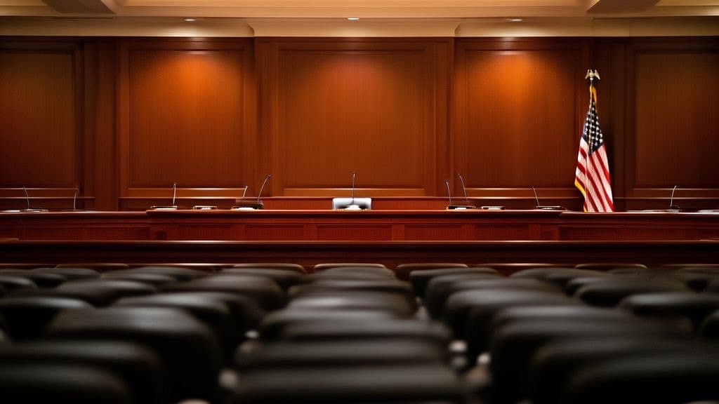 An empty United States Senate committee hearing room with a raised wooden dais, name-plate microphones, and an American flag, no people, no text.