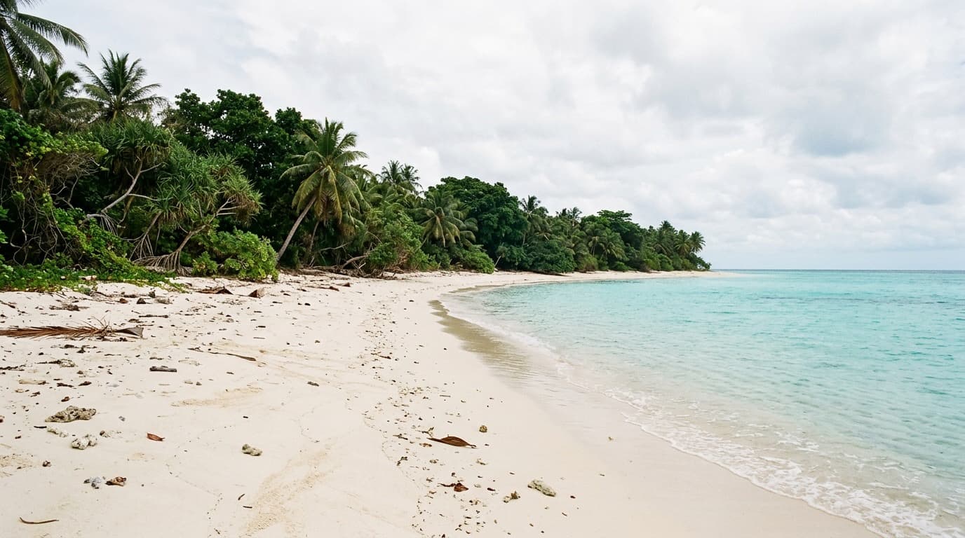A quiet tropical beach with coral sand and turquoise water, dense green tree line in the background, no people, no text anywhere.
