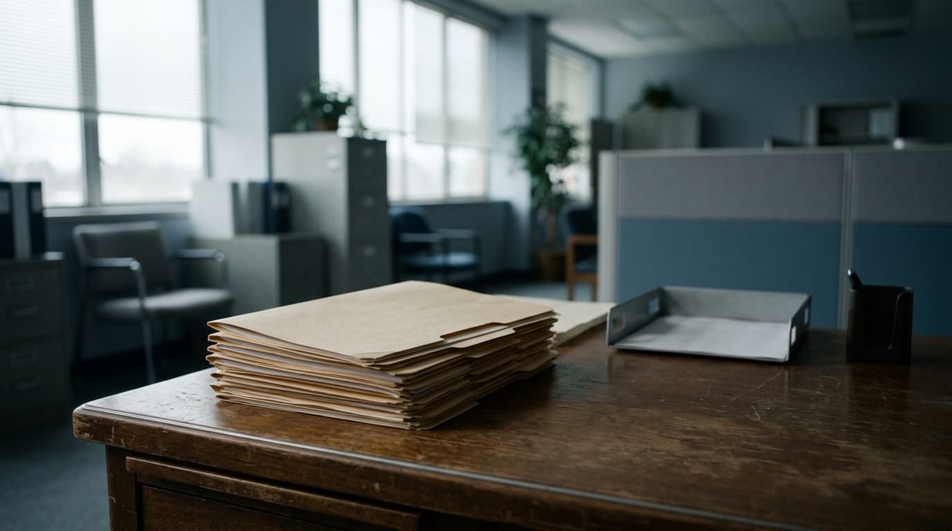 A stack of manila folders on a worn wooden desk in an empty government office, with window light and no people.