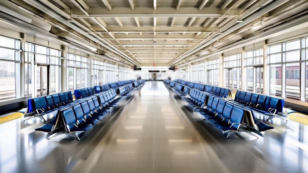 Interior of an empty Amtrak train station platform with rows of blue seating, no people visible