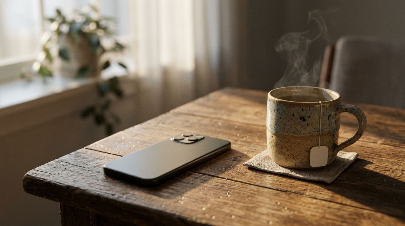 A smartphone lying face down on a wooden desk beside a mug of tea in soft morning window light