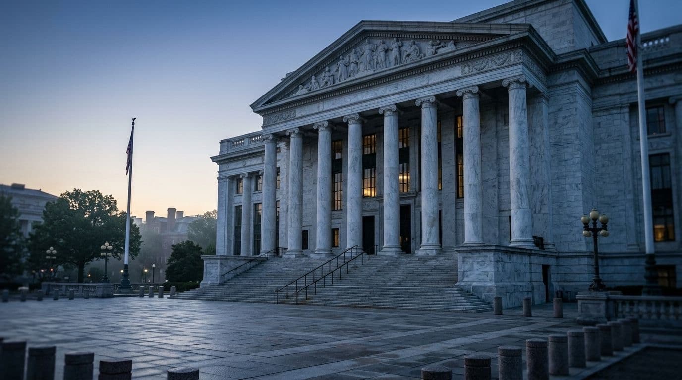 Marble columns of a government building in Washington under soft blue dawn light with an empty plaza.