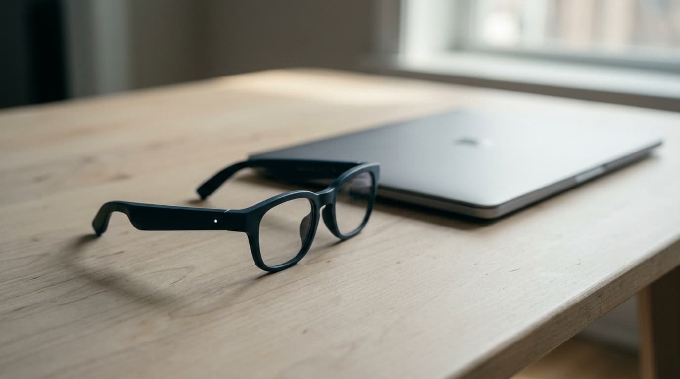 A pair of dark smart glasses resting on a wooden table beside a closed laptop, a tiny white light glowing on the frame, no people, no text.