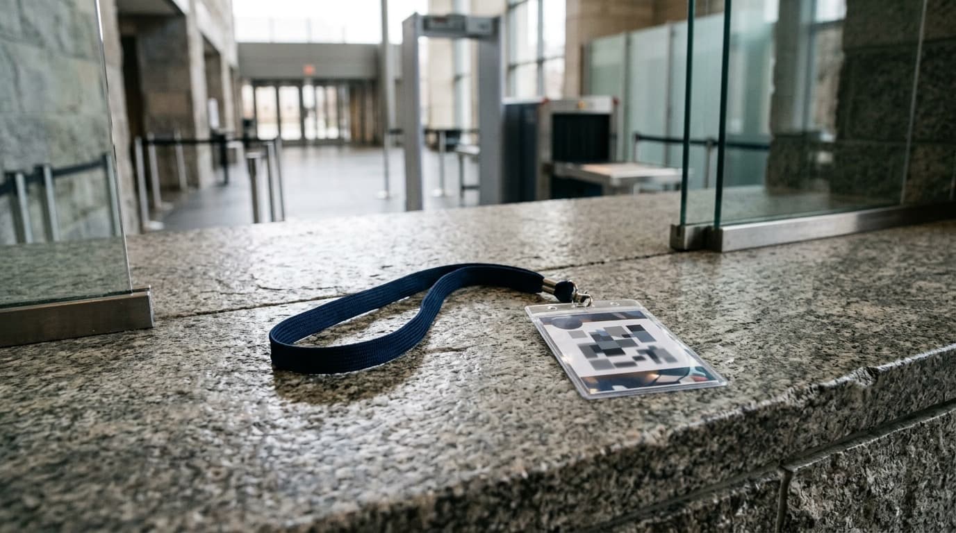 A White House press badge and lanyard resting on a stone security checkpoint counter, no people, no text.