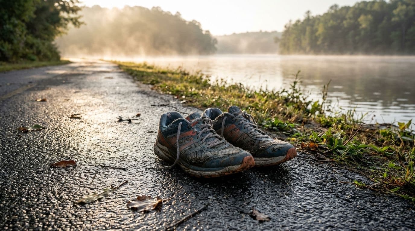 Worn running shoes rest on a wet lakeside path in early morning mist with golden light across the water.