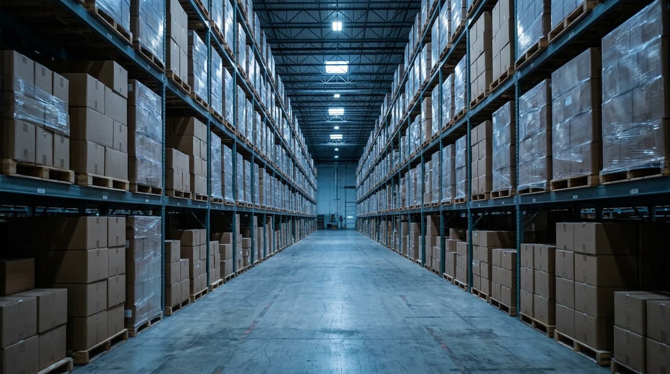 Stacked unsold laptop boxes on warehouse pallets in cool blue light, no people, no text.