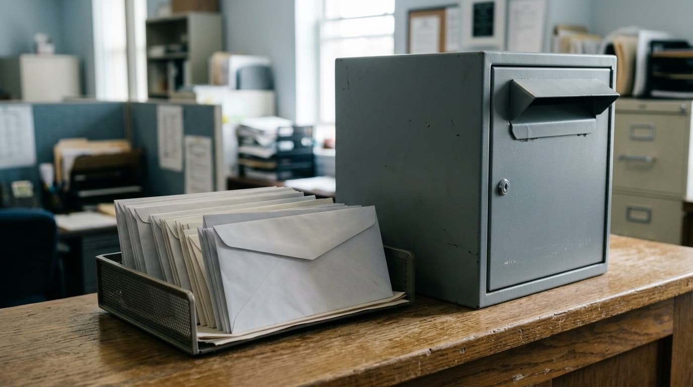 Blank envelopes standing in a mesh desk tray beside a gray locked ballot box on a wooden office desk, no people.