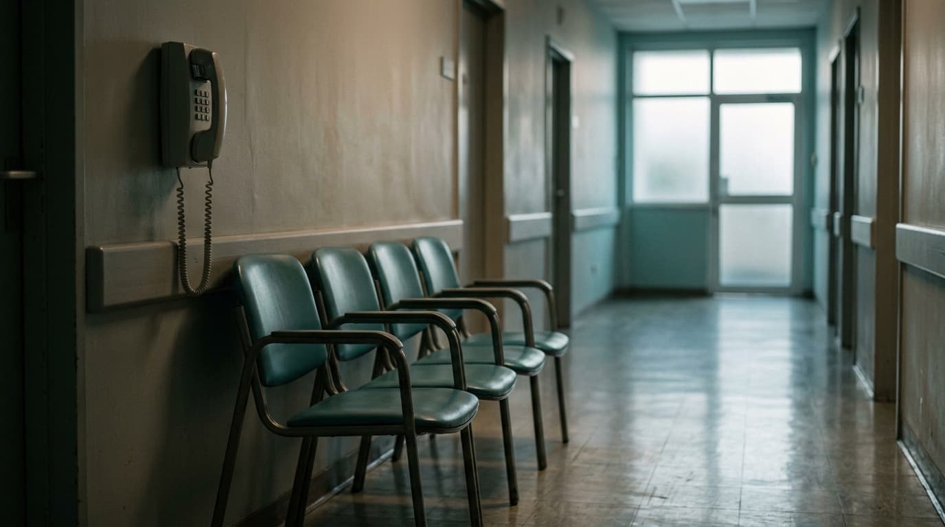 A row of empty waiting room chairs beside a wall-mounted telephone in a dim clinic hallway, no people, no text.
