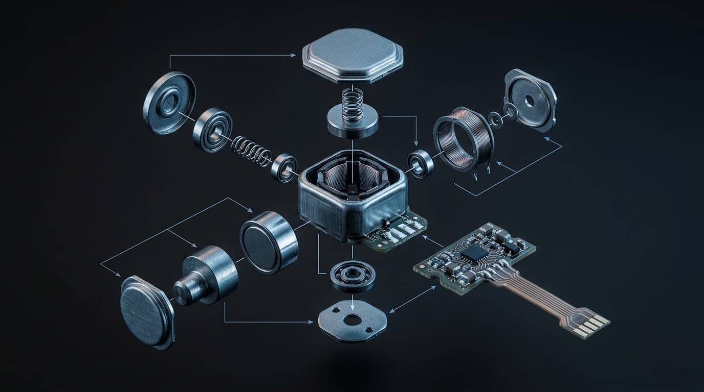 A close-up of a smartwatch and smartphone side by side on a plain surface, showing their vibration hardware components in an exploded technical diagram style, no people, no text.