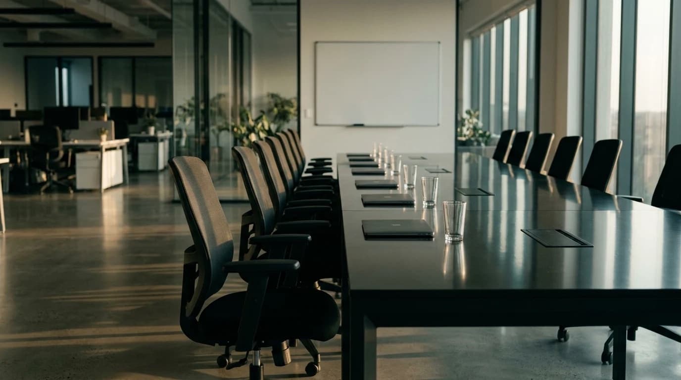A long dark meeting table in an empty open-plan office, with closed laptops and water glasses set along it and black chairs lined up beside it.