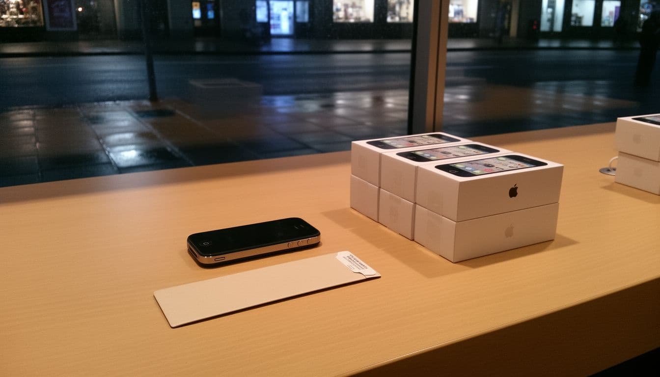 A black smartphone beside stacked white phone boxes on a store counter at night