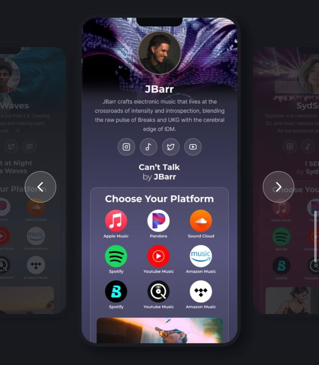 JamShare app screen showing two artist profile cards side by side with a Choose Your Platform link interface.