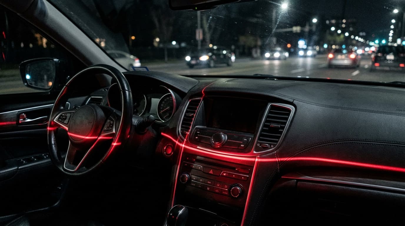 A glowing red scanner light sweeping across a dark car dashboard, close up, no people, no text visible.
